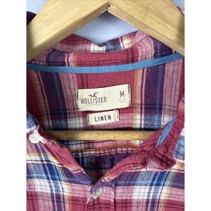 Men's Hollister Linen Blend Red Blue Plaid Casual Button Down Shirt Sz M Y2K